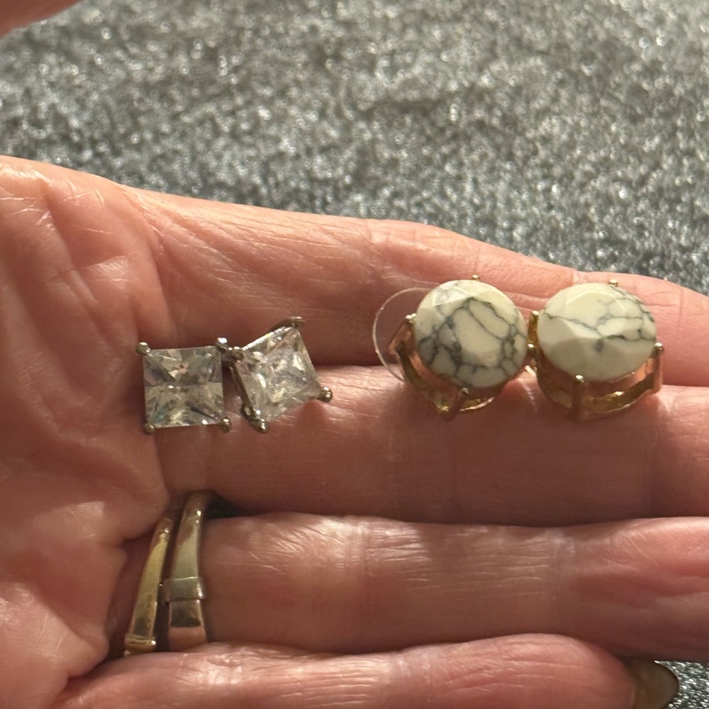 Two pairs of large stud earrings, Howlite stone and Cubic Zirconia. Gently used